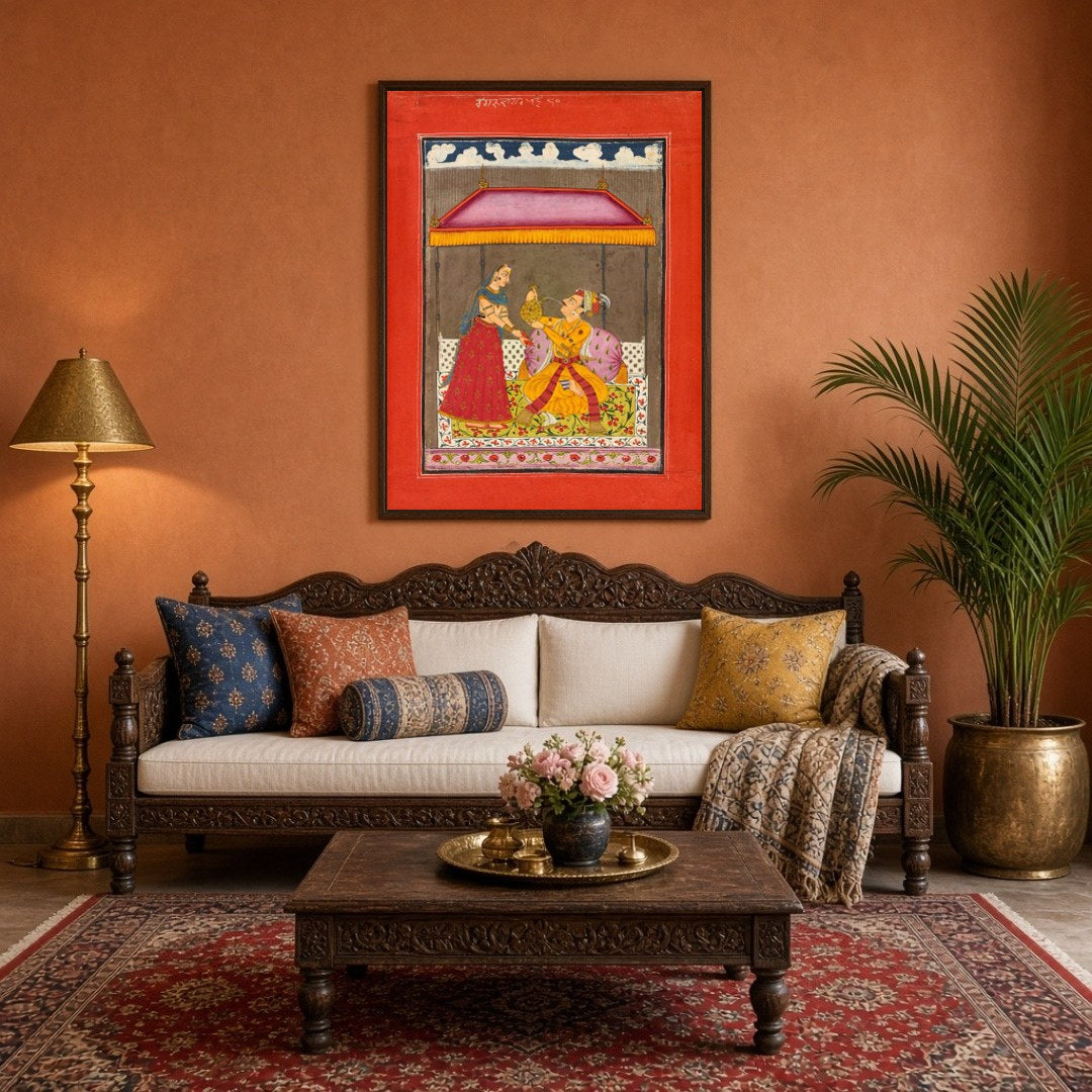 This exquisite Indo-Mughal miniature captures a regal couple beneath a richly adorned canopy, set for Living Room
