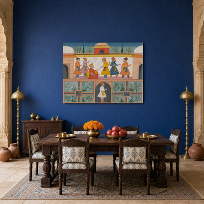 Step into the grandeur of an opulent royal court with this exquisite Indian Miniature artwork. for Dining