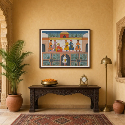 Step into the grandeur of an opulent royal court with this exquisite Indian Miniature artwork. for Entrance