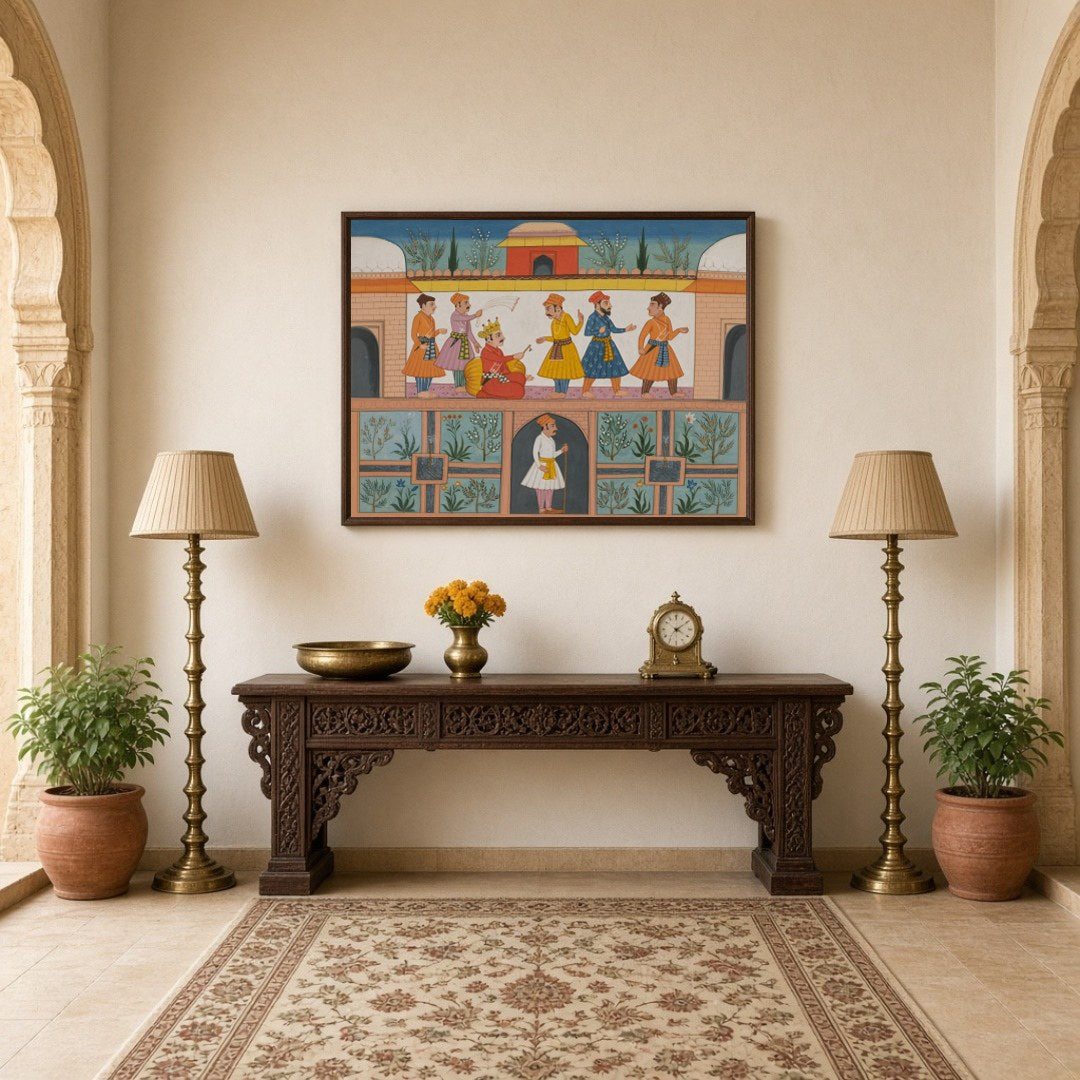 Step into the grandeur of an opulent royal court with this exquisite Indian Miniature artwork. for Hallway