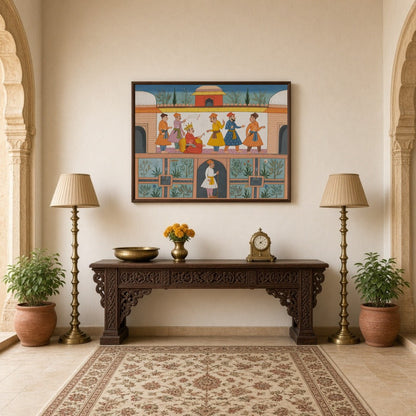 Step into the grandeur of an opulent royal court with this exquisite Indian Miniature artwork. for Hallway
