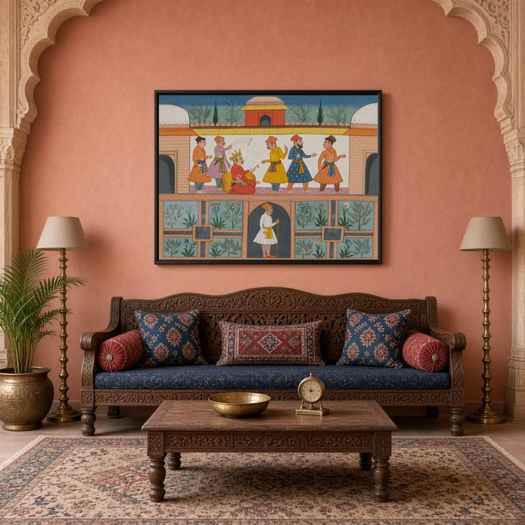 Step into the grandeur of an opulent royal court with this exquisite Indian Miniature artwork. for Living Room