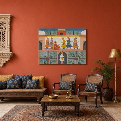 Step into the grandeur of an opulent royal court with this exquisite Indian Miniature artwork. for Sitting Area