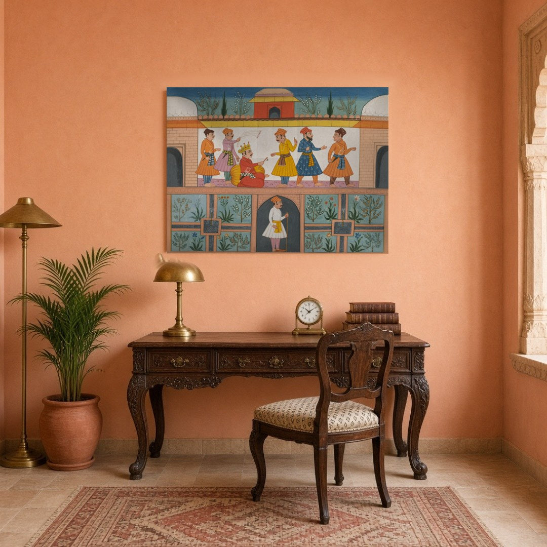 Step into the grandeur of an opulent royal court with this exquisite Indian Miniature artwork. for Study