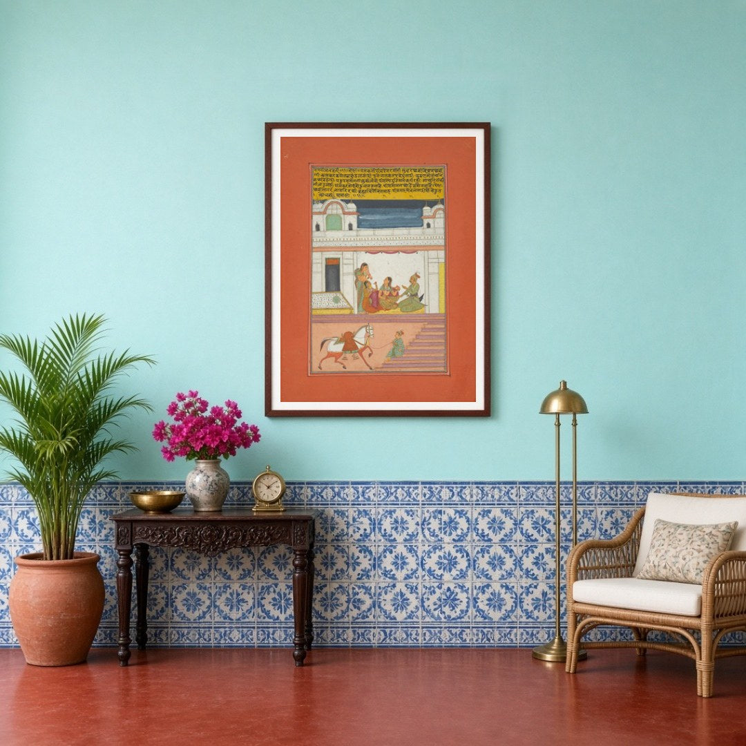Immerse yourself in a scene of refinement with this enchanting Ragamala artwork, portraying a for Entrance