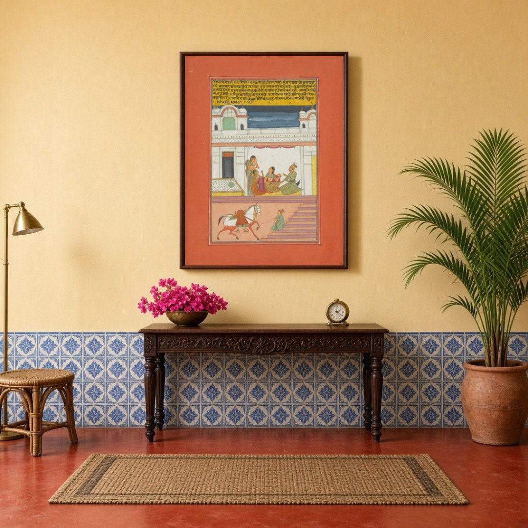 Immerse yourself in a scene of refinement with this enchanting Ragamala artwork, portraying a for Hallway