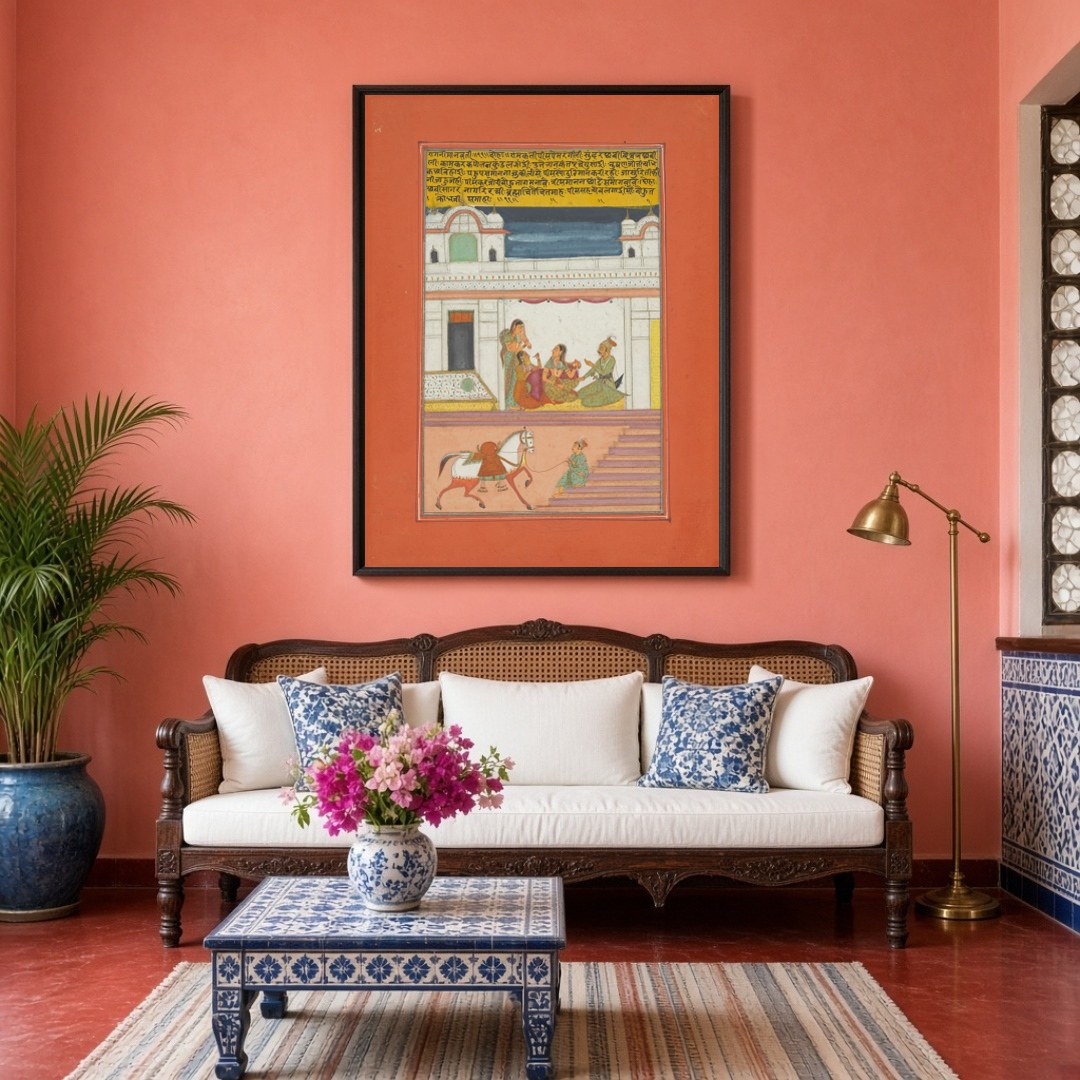 Immerse yourself in a scene of refinement with this enchanting Ragamala artwork, portraying a for Living Room