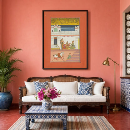 Immerse yourself in a scene of refinement with this enchanting Ragamala artwork, portraying a for Living Room