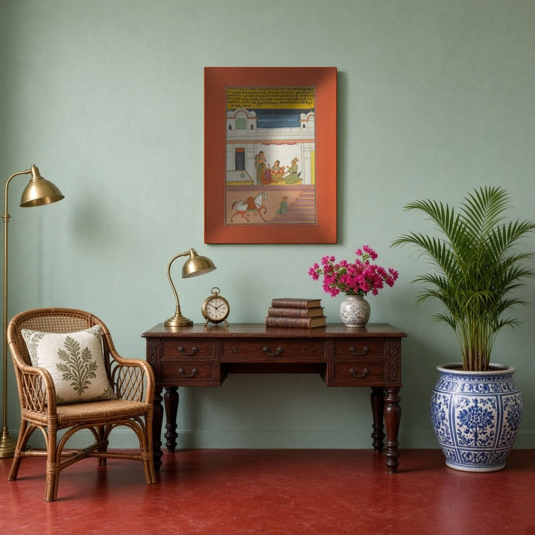 Immerse yourself in a scene of refinement with this enchanting Ragamala artwork, portraying a for Study