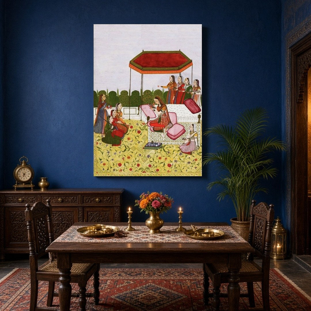 Immerse yourself in the elegance of a royal Indo-Mughal gathering depicted beneath a striking ruby for Dining