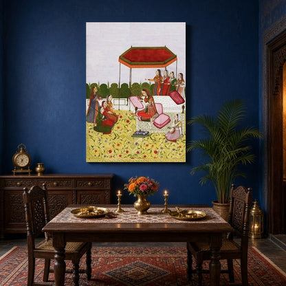 Immerse yourself in the elegance of a royal Indo-Mughal gathering depicted beneath a striking ruby for Dining