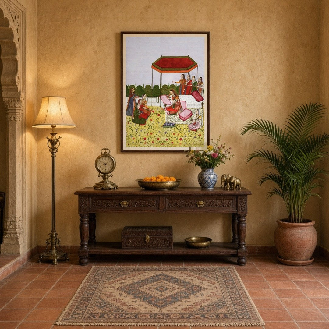 Immerse yourself in the elegance of a royal Indo-Mughal gathering depicted beneath a striking ruby for Entrance
