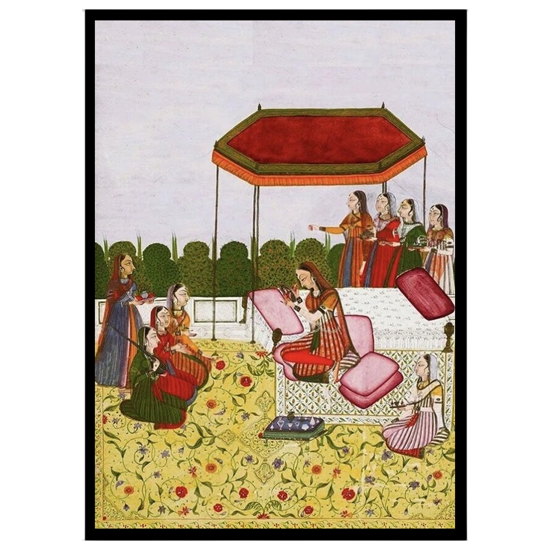 Immerse yourself in the elegance of a royal Indo-Mughal gathering depicted beneath a striking ruby for gallery