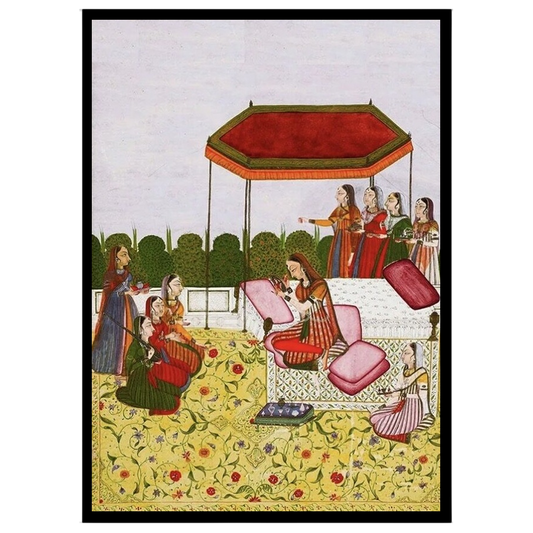Immerse yourself in the elegance of a royal Indo-Mughal gathering depicted beneath a striking ruby for gallery