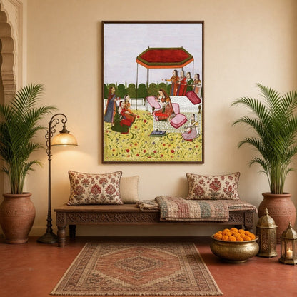 Immerse yourself in the elegance of a royal Indo-Mughal gathering depicted beneath a striking ruby for Hallway