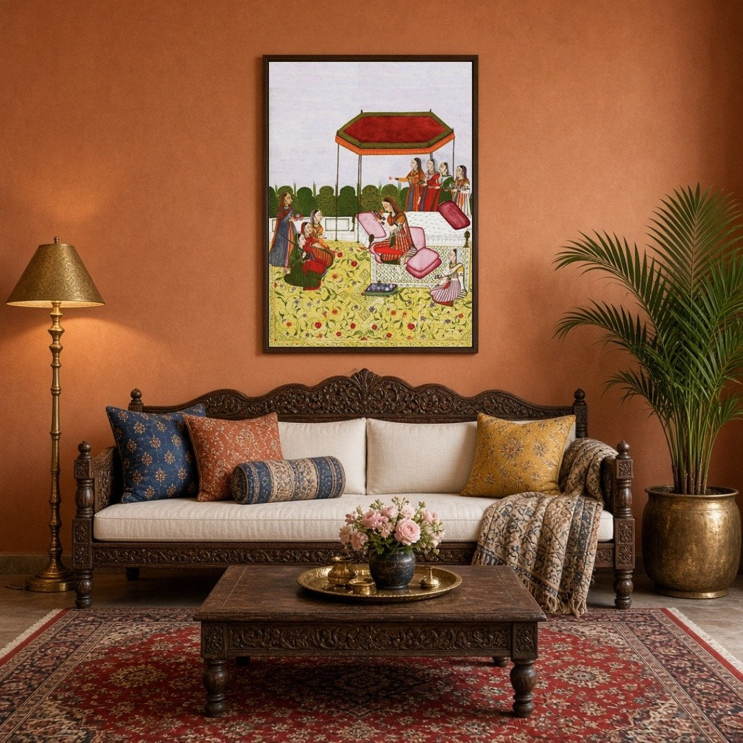Immerse yourself in the elegance of a royal Indo-Mughal gathering depicted beneath a striking ruby for Living Room