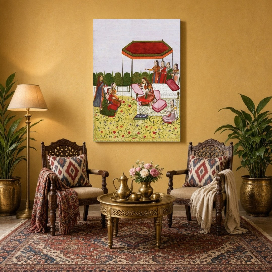 Immerse yourself in the elegance of a royal Indo-Mughal gathering depicted beneath a striking ruby for Sitting Area
