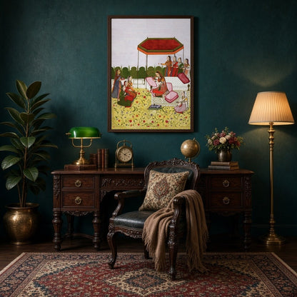 Immerse yourself in the elegance of a royal Indo-Mughal gathering depicted beneath a striking ruby for Study