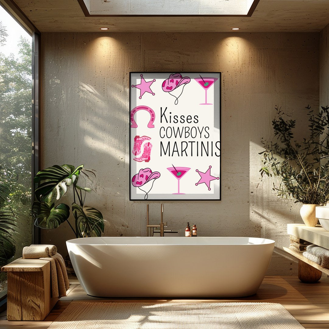Infuse your space with a playful Western charm through this vibrant artwork featuring cowgirl hats, for Bathroom