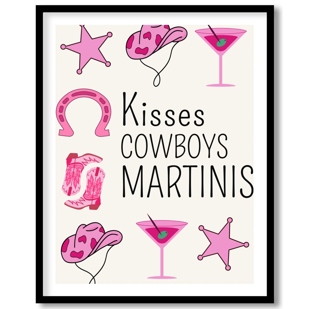 Infuse your space with a playful Western charm through this vibrant artwork featuring cowgirl hats, for home