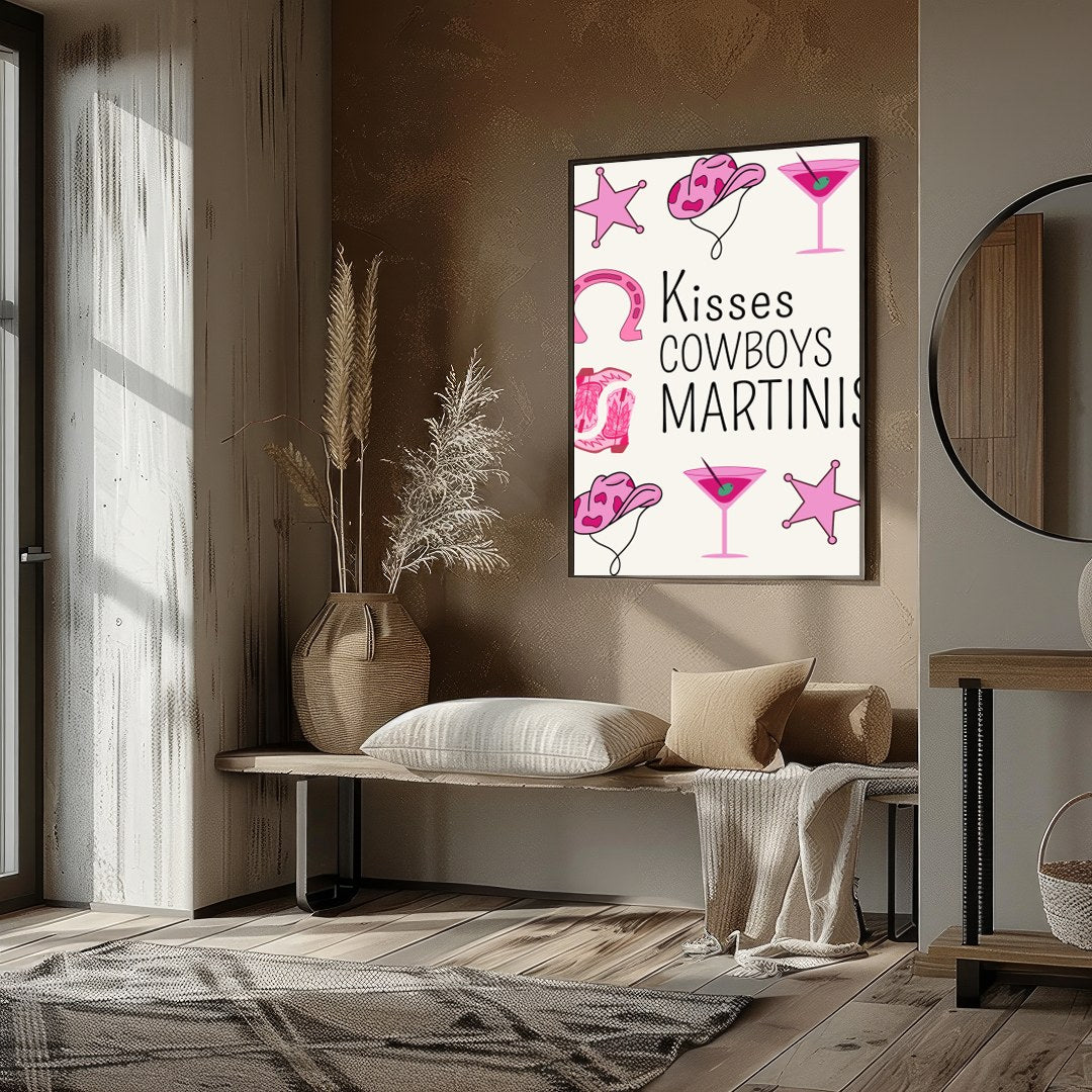 Infuse your space with a playful Western charm through this vibrant artwork featuring cowgirl hats, for room
