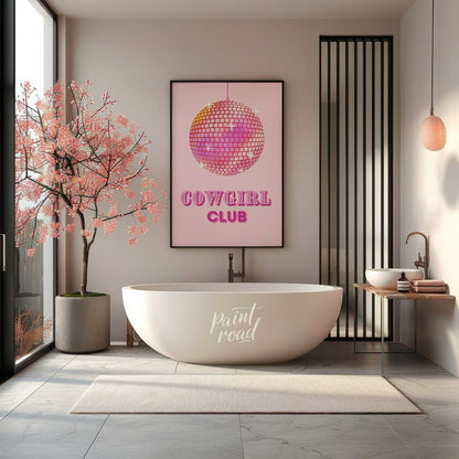 This vibrant and playful art print features a sparkling pink disco ball, radiating light and energy… for bathroom