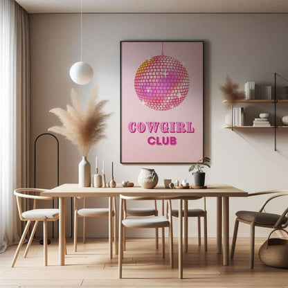 This vibrant and playful art print features a sparkling pink disco ball, radiating light and energy… for dining room
