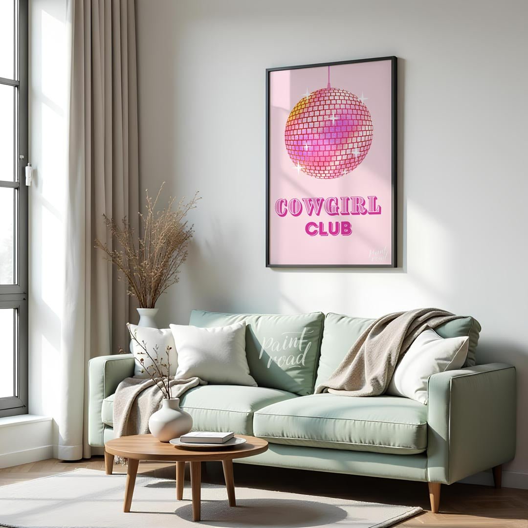 This vibrant and playful art print features a sparkling pink disco ball, radiating light and energy… for living room