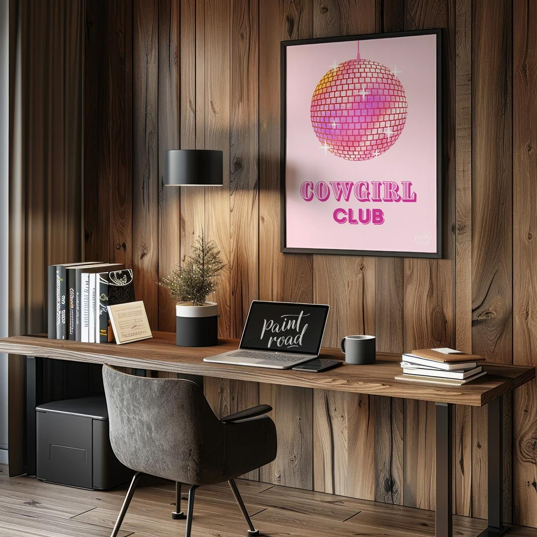 This vibrant and playful art print features a sparkling pink disco ball, radiating light and energy… for office
