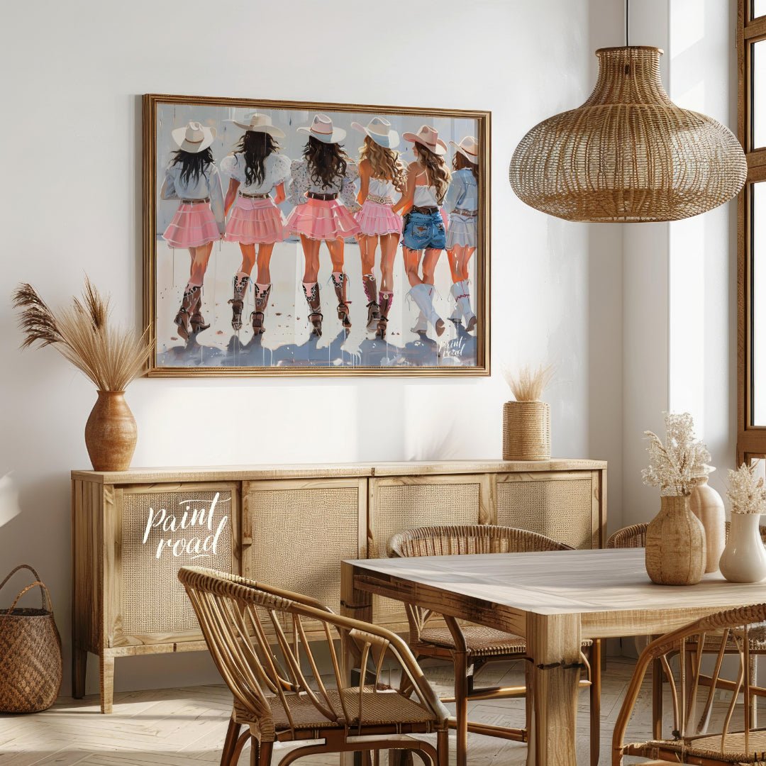 This vibrant artwork features a group of six women, depicted from behind, all adorned in stylish co… for dining room