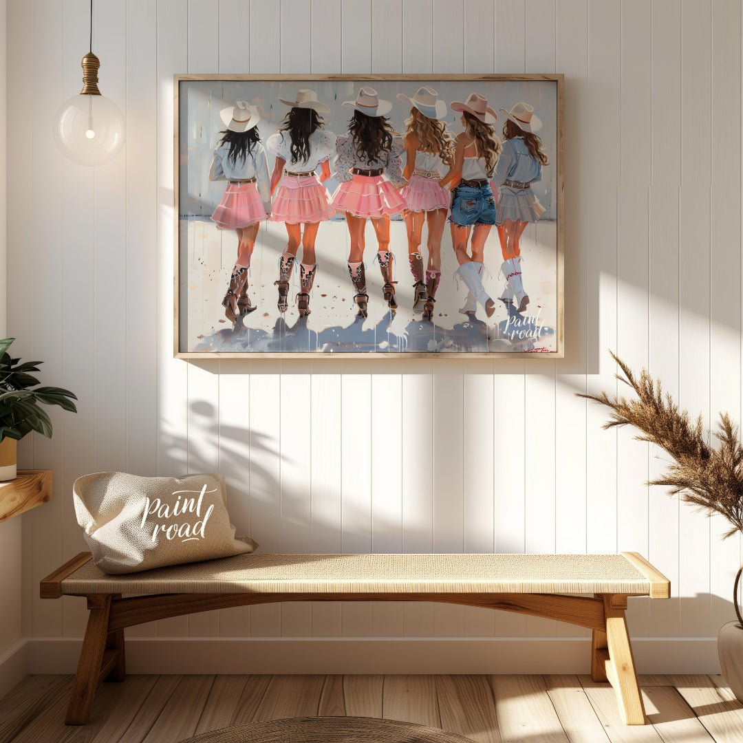 This vibrant artwork features a group of six women, depicted from behind, all adorned in stylish co… for entryway