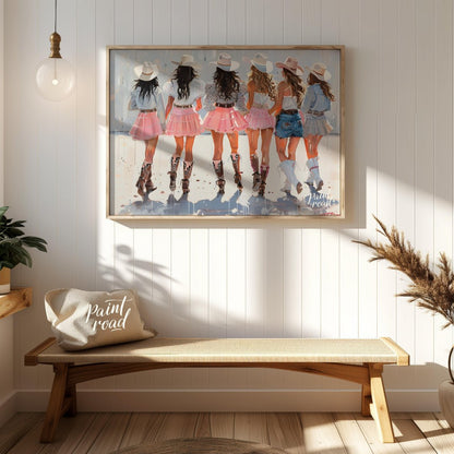 This vibrant artwork features a group of six women, depicted from behind, all adorned in stylish co… for entryway