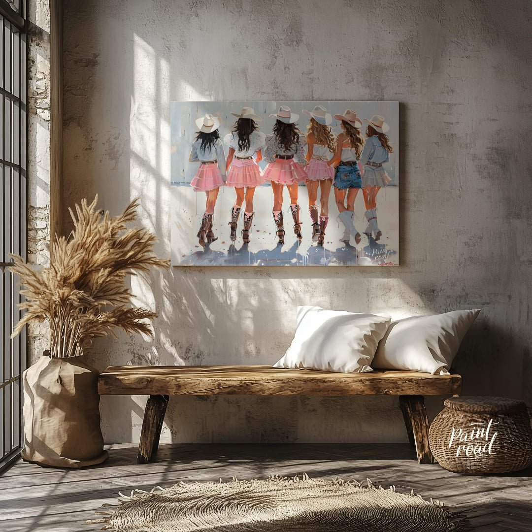 This vibrant artwork features a group of six women, depicted from behind, all adorned in stylish co… for entryway