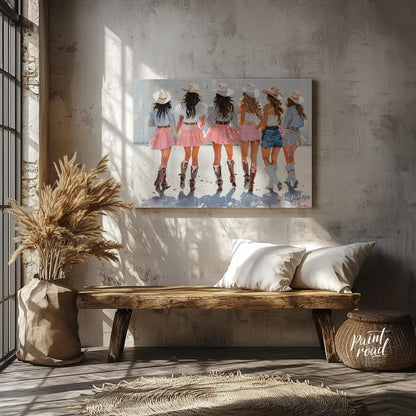 This vibrant artwork features a group of six women, depicted from behind, all adorned in stylish co… for entryway