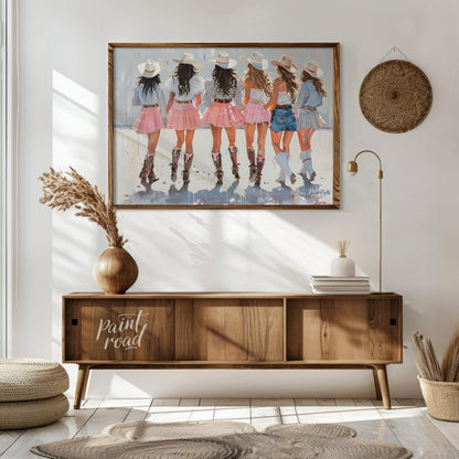 This vibrant artwork features a group of six women, depicted from behind, all adorned in stylish co… for living room