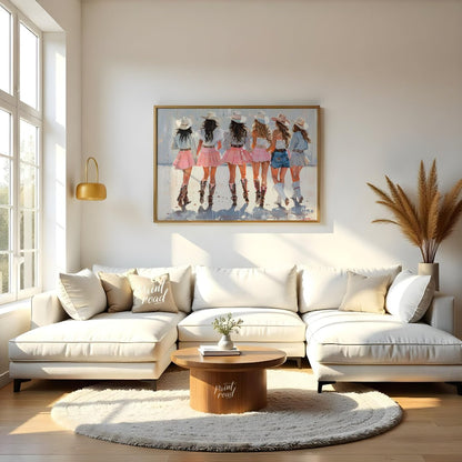 This vibrant artwork features a group of six women, depicted from behind, all adorned in stylish co… for living room