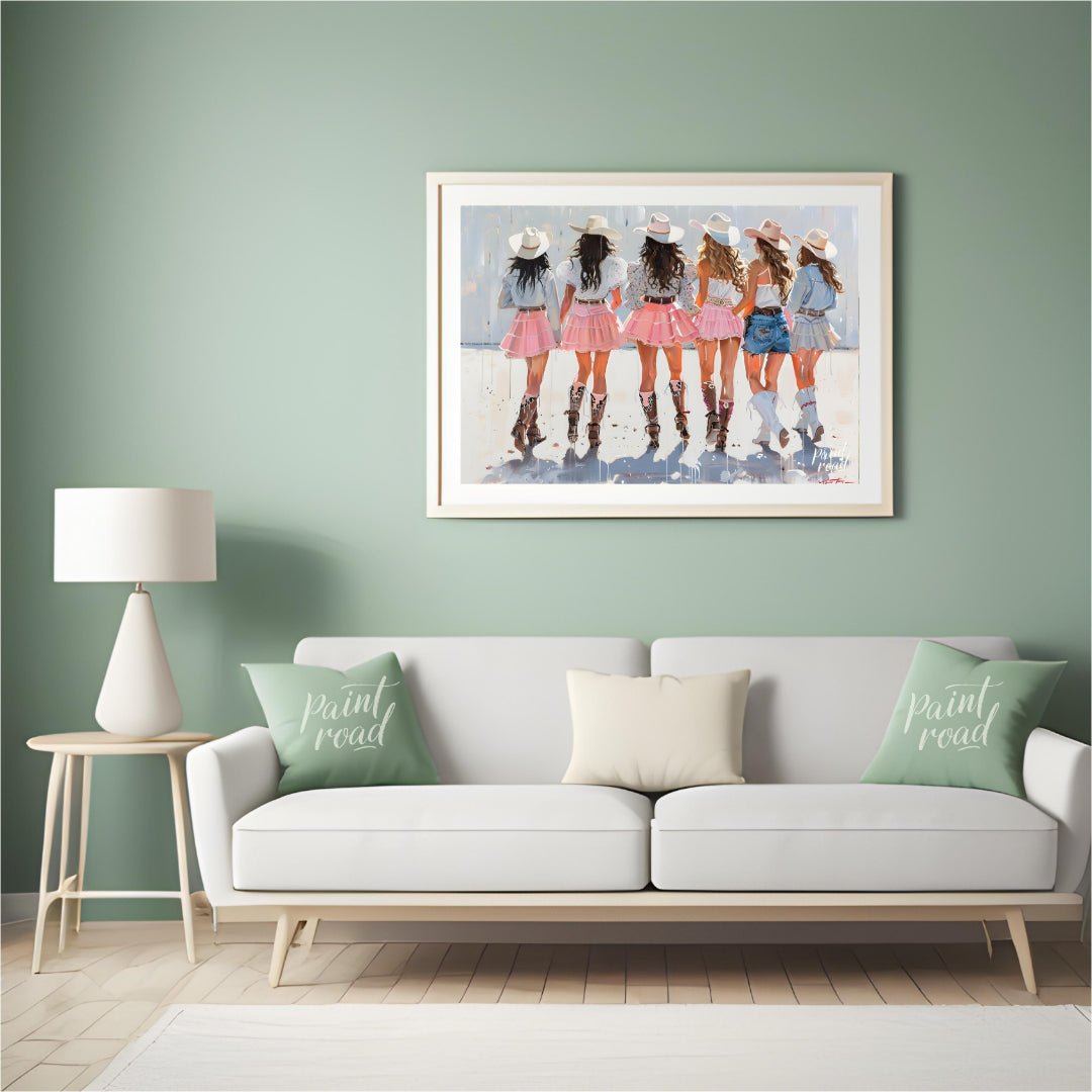 This vibrant artwork features a group of six women, depicted from behind, all adorned in stylish co… for living room