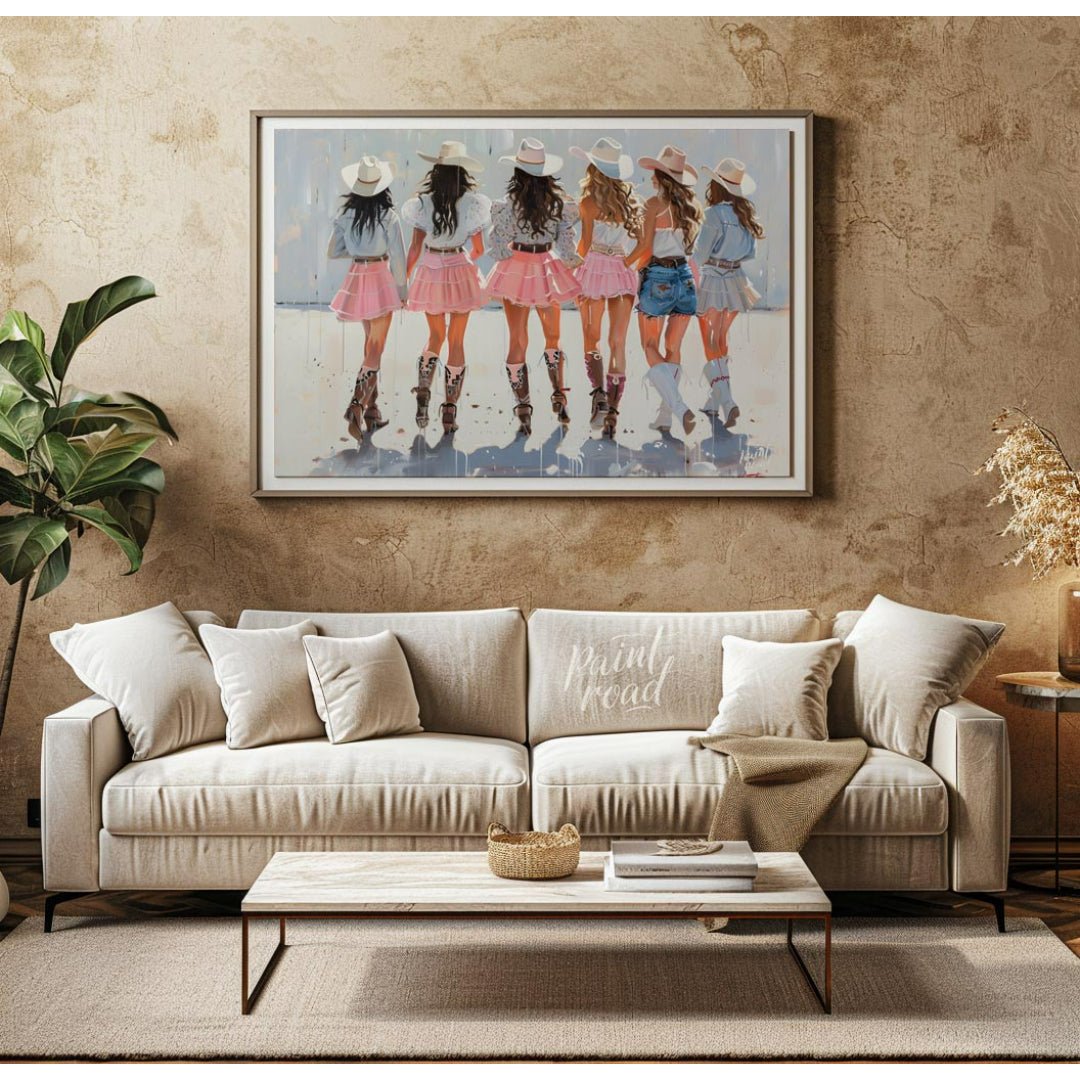 This vibrant artwork features a group of six women, depicted from behind, all adorned in stylish co… for living room