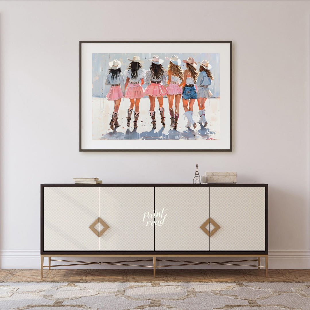 This vibrant artwork features a group of six women, depicted from behind, all adorned in stylish co… for living room