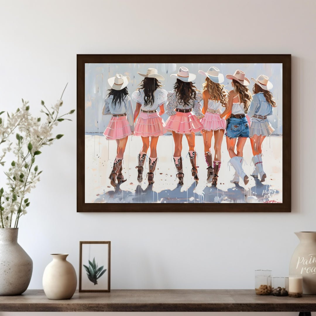 This vibrant artwork features a group of six women, depicted from behind, all adorned in stylish co… for living room