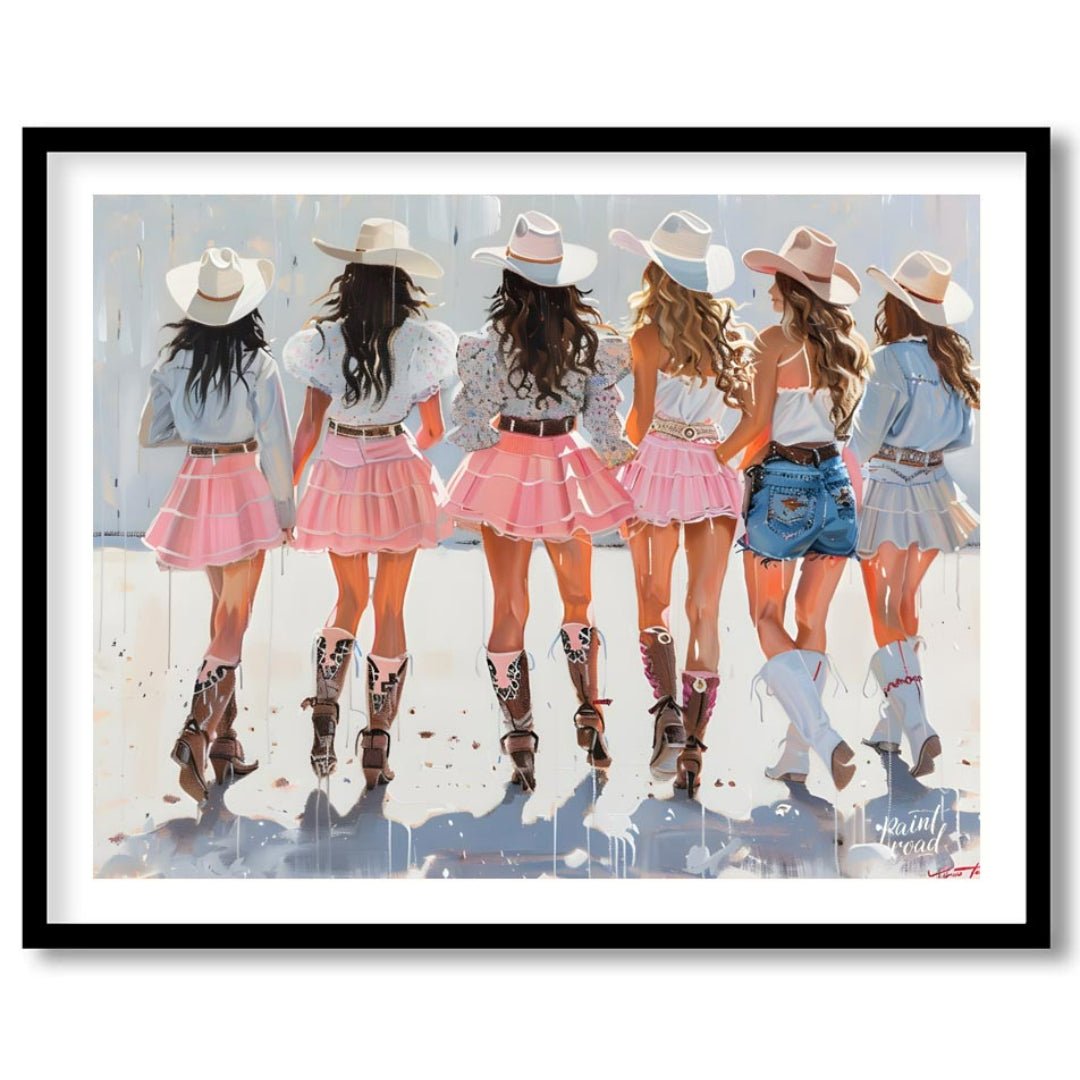This vibrant artwork features a group of six women, depicted from behind, all adorned in stylish co… for space