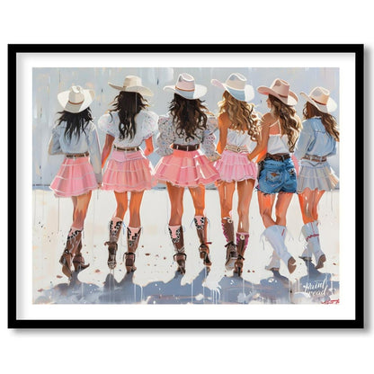 This vibrant artwork features a group of six women, depicted from behind, all adorned in stylish co… for space