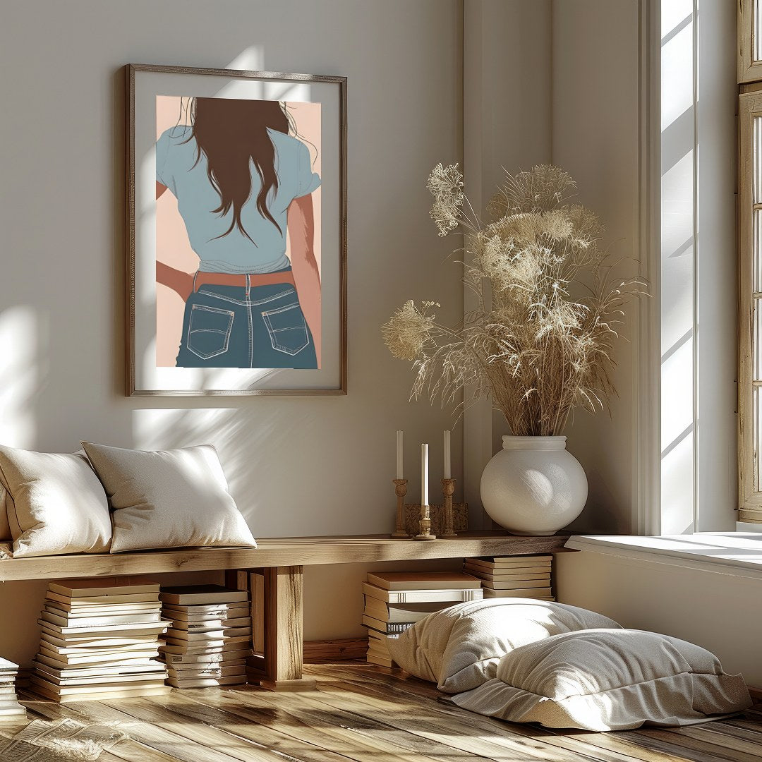 This captivating artwork depicts a lone cowgirl in calming pastel tones. The minimalist style and for area