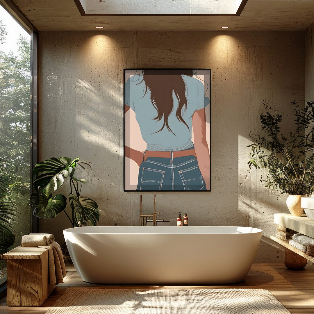This captivating artwork depicts a lone cowgirl in calming pastel tones. The minimalist style and for Bathroom