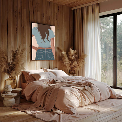 This captivating artwork depicts a lone cowgirl in calming pastel tones. The minimalist style and for Bedroom
