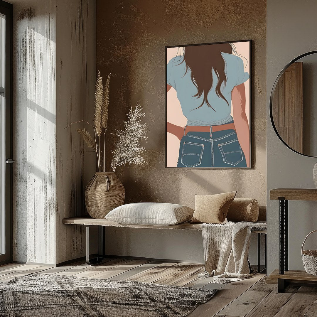 This captivating artwork depicts a lone cowgirl in calming pastel tones. The minimalist style and for lovely-house