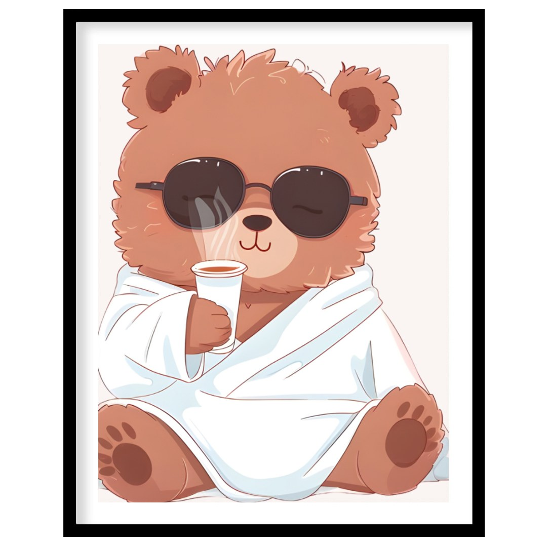 This adorable poster showcases a fluffy bear wrapped in a white robe, sipping a hot drink and weari… for area
