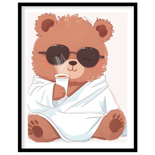 This adorable poster showcases a fluffy bear wrapped in a white robe, sipping a hot drink and weari… for area