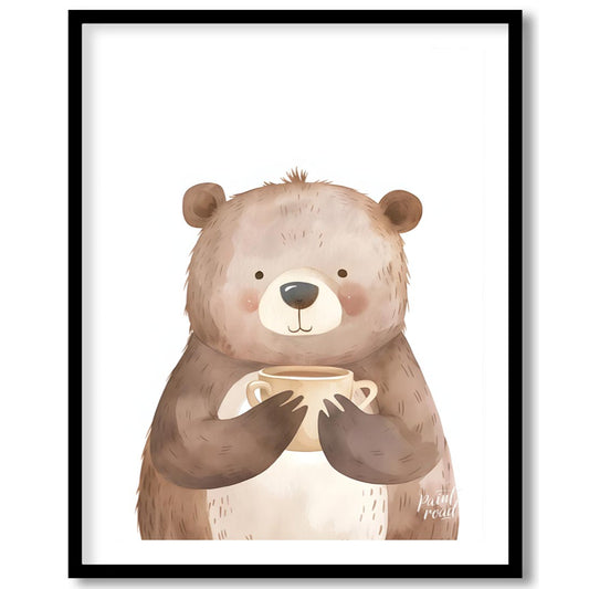 This heartwarming watercolor illustration portrays a plump, friendly bear holding a warm mug with b… for area