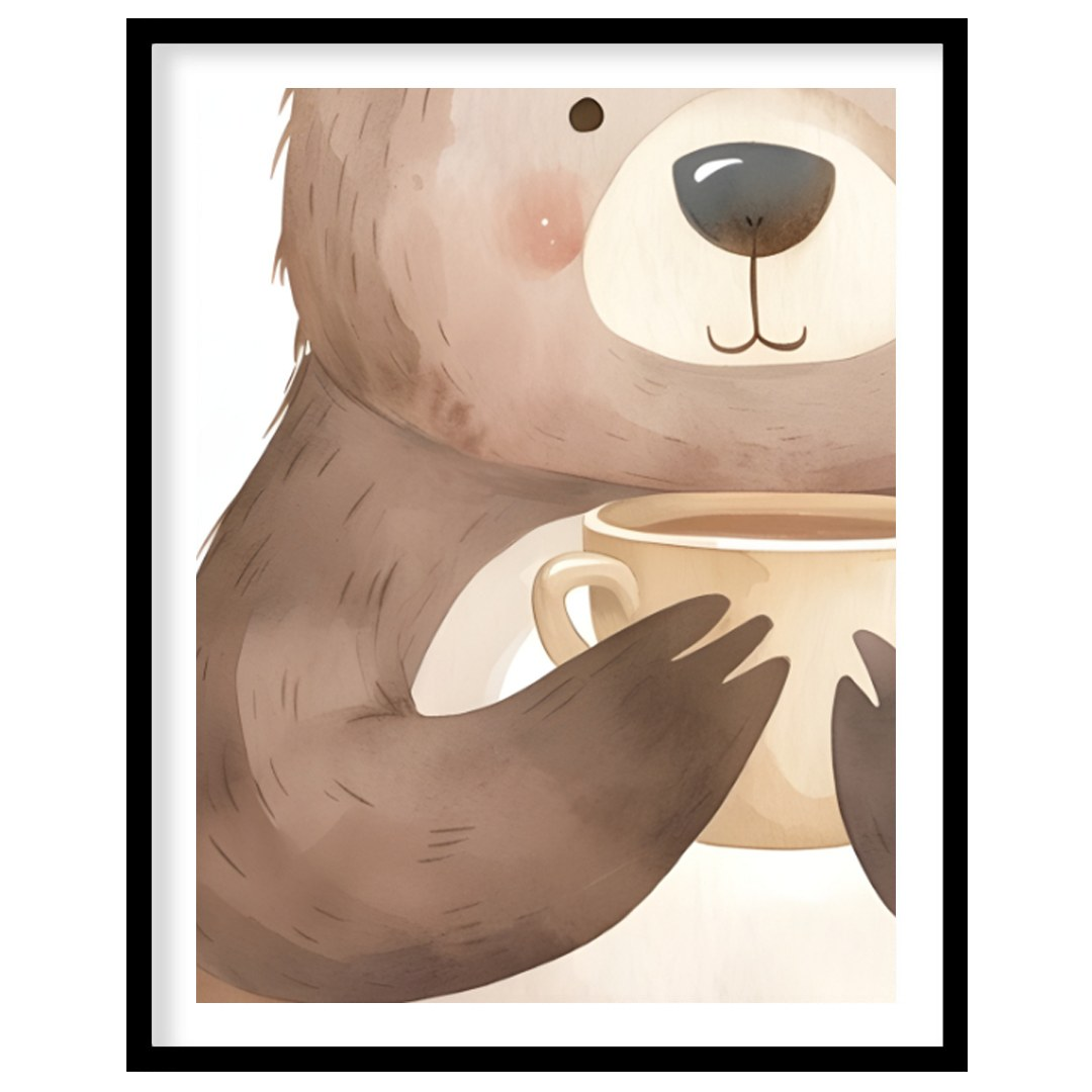 This heartwarming watercolor illustration portrays a plump, friendly bear holding a warm mug with b… for area